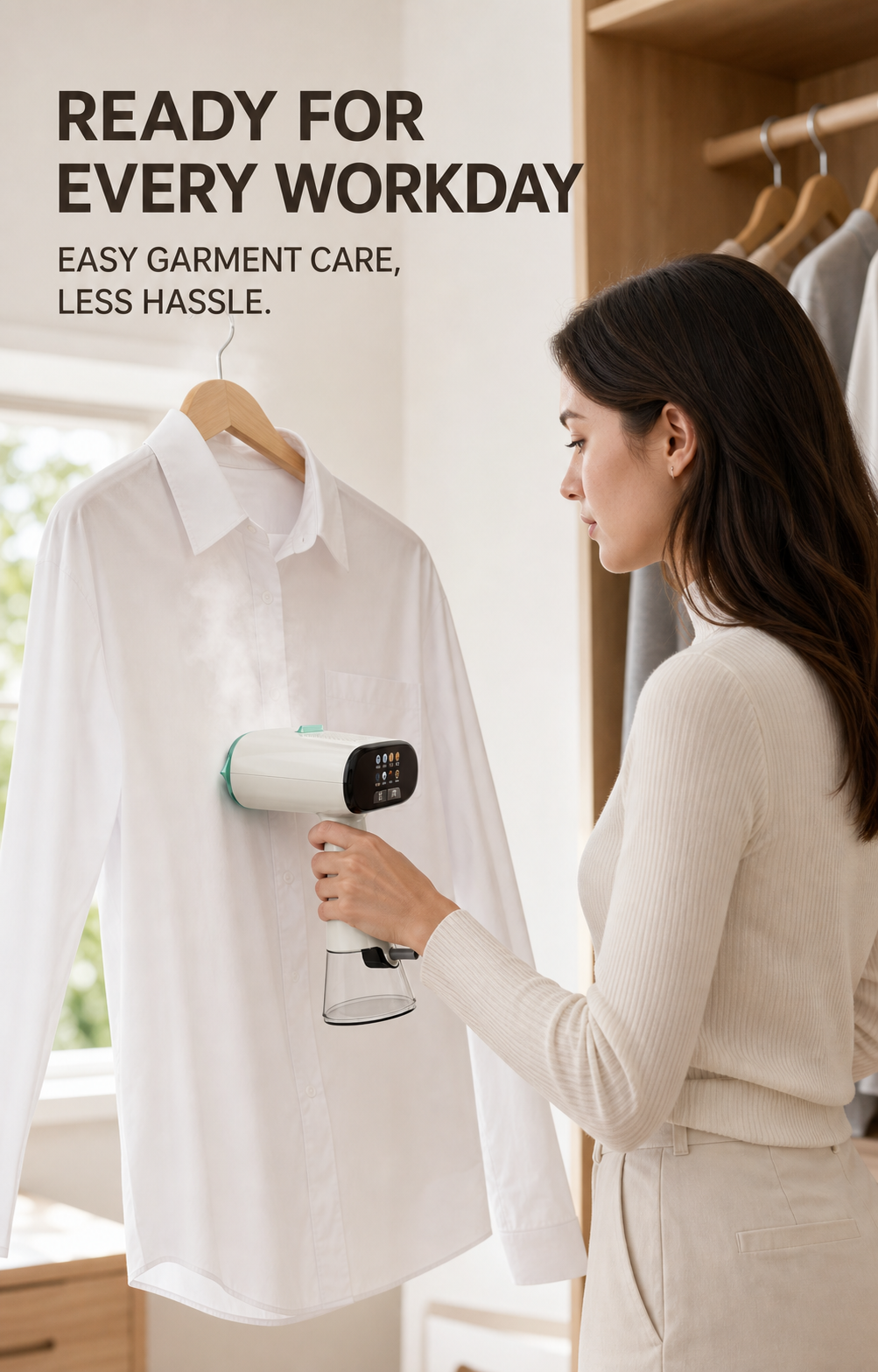 Woman using the active suction garment steamer on a white shirt
