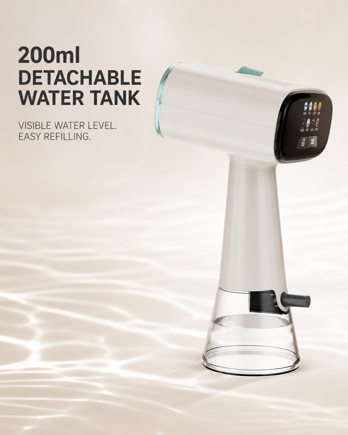 Garment steamer showing its 200 ml detachable transparent water tank