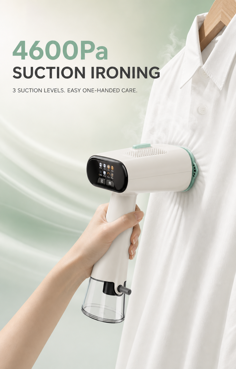 Active suction garment steamer holding a white shirt during use