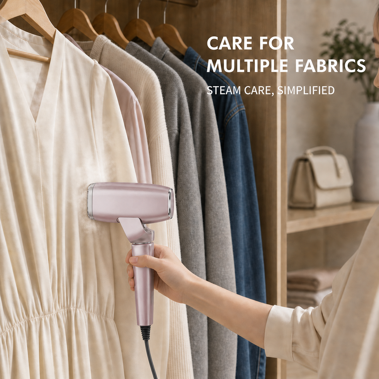 DS-SI 002 air suction garment steamer caring for garments in a wardrobe